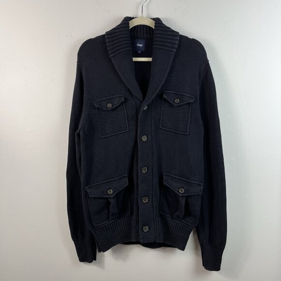 Gap‎ 4 Pocket Shawl Collar Cardigan Sweater Men’s L Navy Blue Fisherman Grandpa - Picture 1 of 14